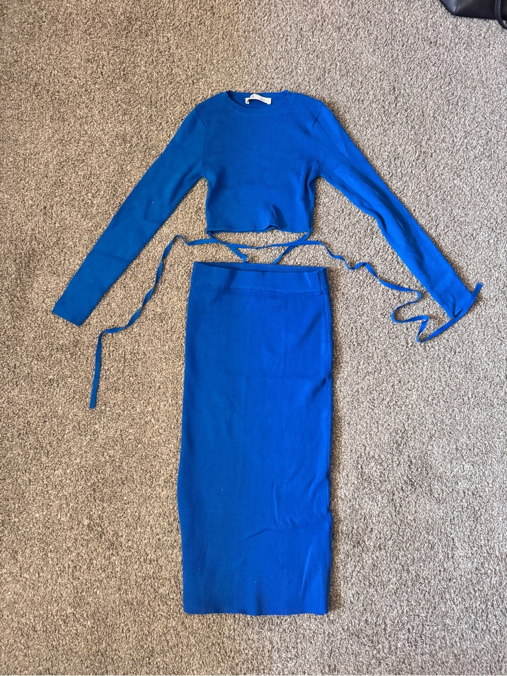 Zara Electric Blue Ribbed Two-Piece Skirt Set